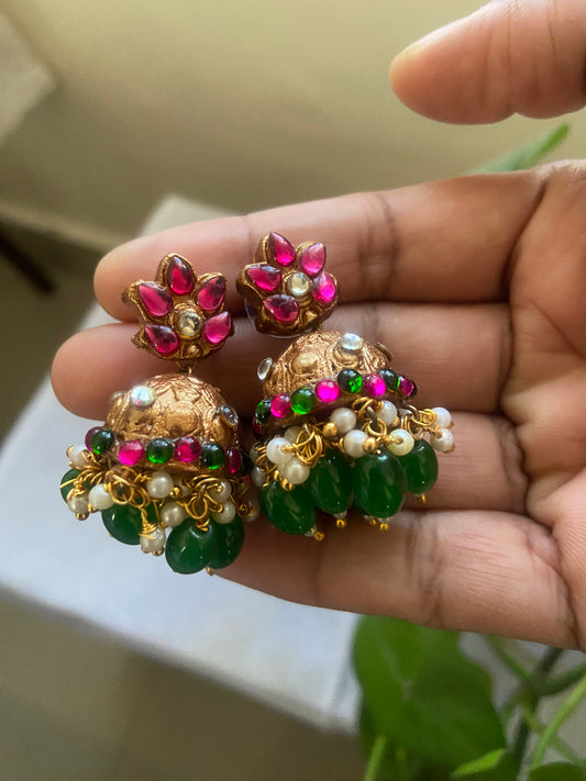 Handmade terracotta floral pearls pattern traditional necklace with Jhumka multi colour