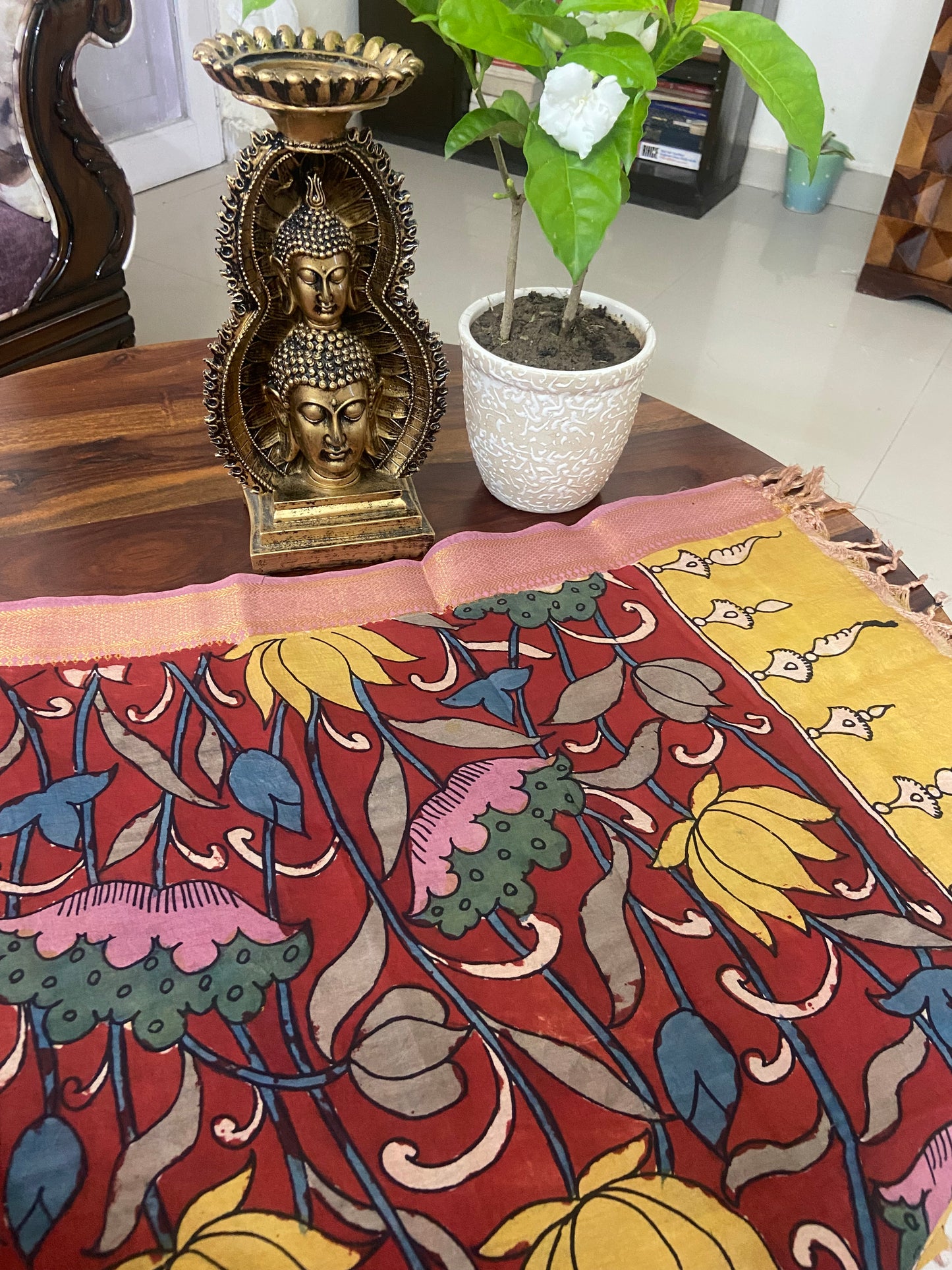 Pen Kalamkari multi colour dupatta on Bangalore silk ( natural dye) Made to Order.