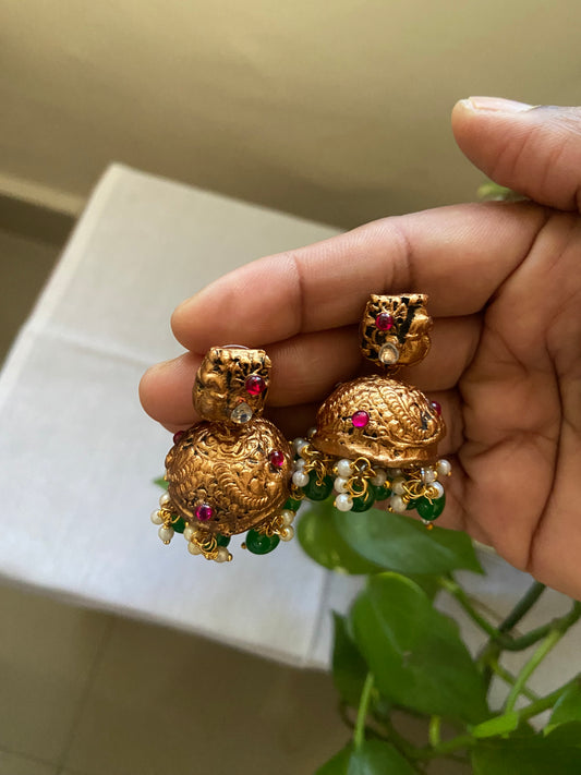 Handmade terracotta traditional Jhumka with pearls multi colour antique pattern