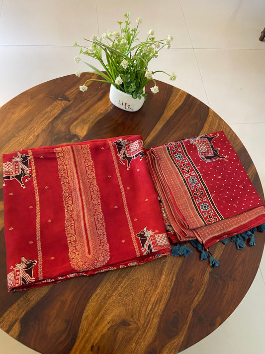 Ajrakh Dola Silk Top and Dupatta set