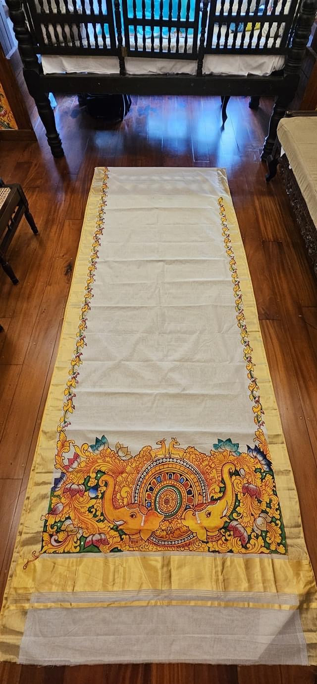 Kerala mural painting on big border premium Kasavu saree.(Made to Order)