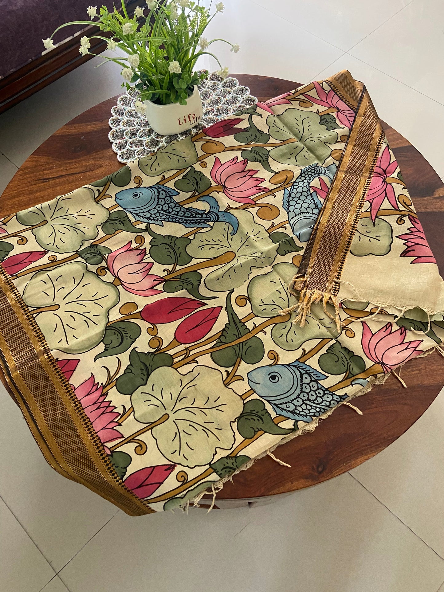 Pen Kalamkari multi colour dupatta on Banglore silk(made to order)