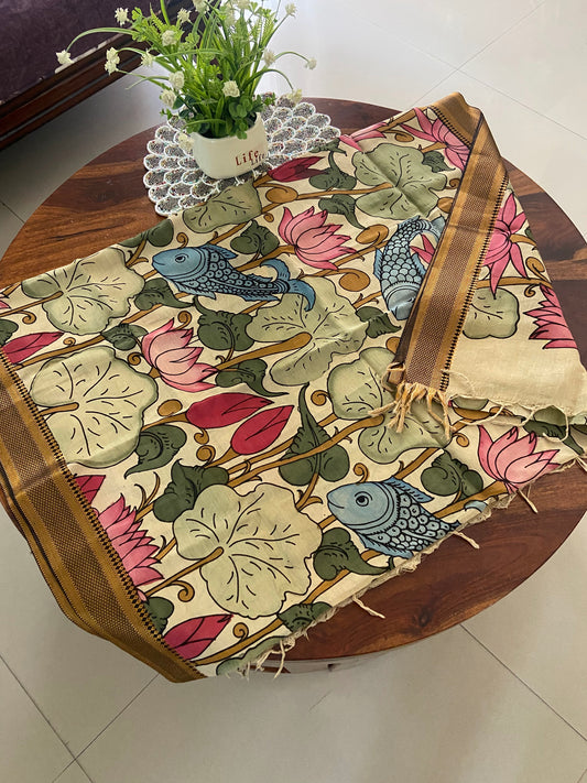 Pen Kalamkari multi colour dupatta on Banglore silk(made to order)