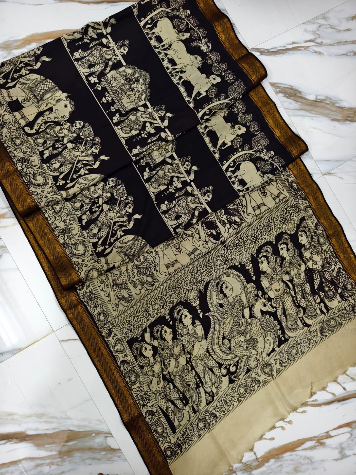 Pen Kalamkari on Bangalore Silk saree