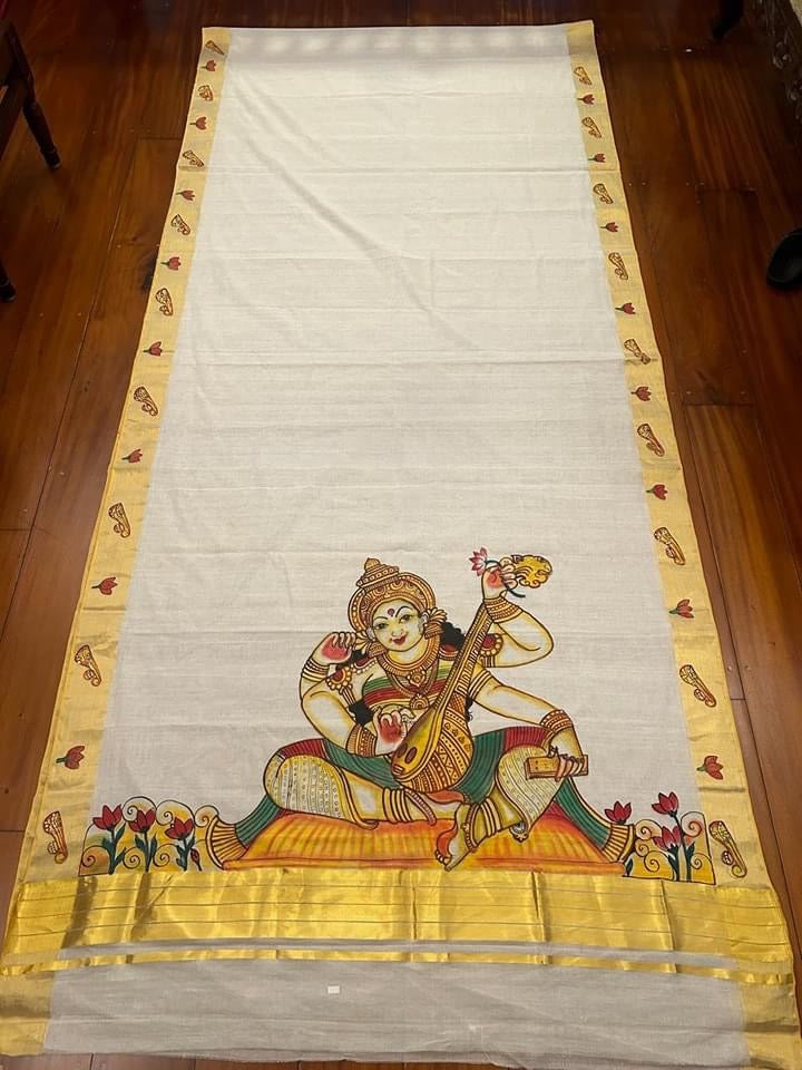 Kerala mural painting on big border Kerala Kasavu saree( Made to order)