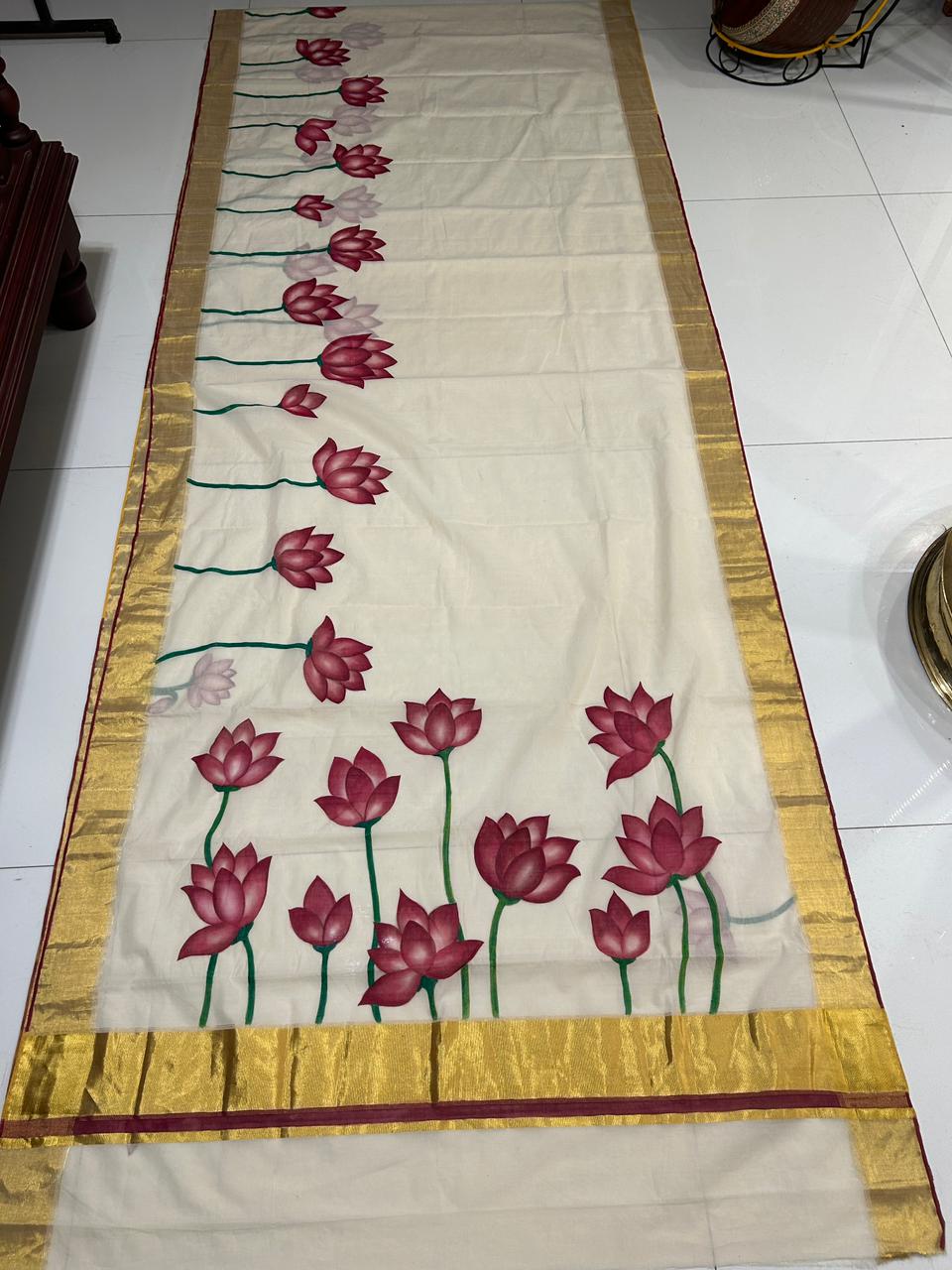 Kerala mural painting on Big border Kerala Kasavu saree (Made to Order)