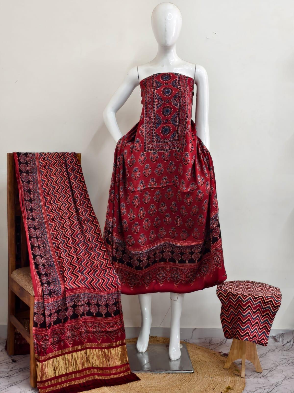 Ajrakh modal silk 3 piece suit set- natural dye