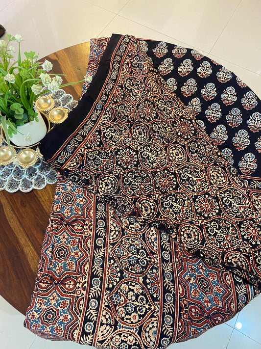 Ajrakh Handblock printed modal silk saree with natural dye( Made to Order)