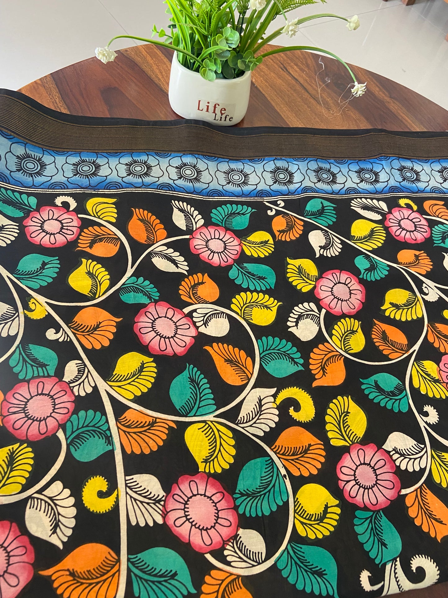 Pen Kalamkari on Banglore silk saree.