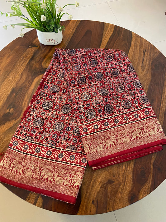 Ajrakh Dola Silk saree with brocade blouse