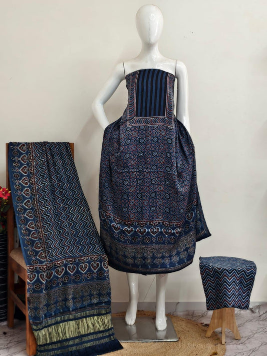 Ajrakh modal silk 3 piece suit set - natural dye
