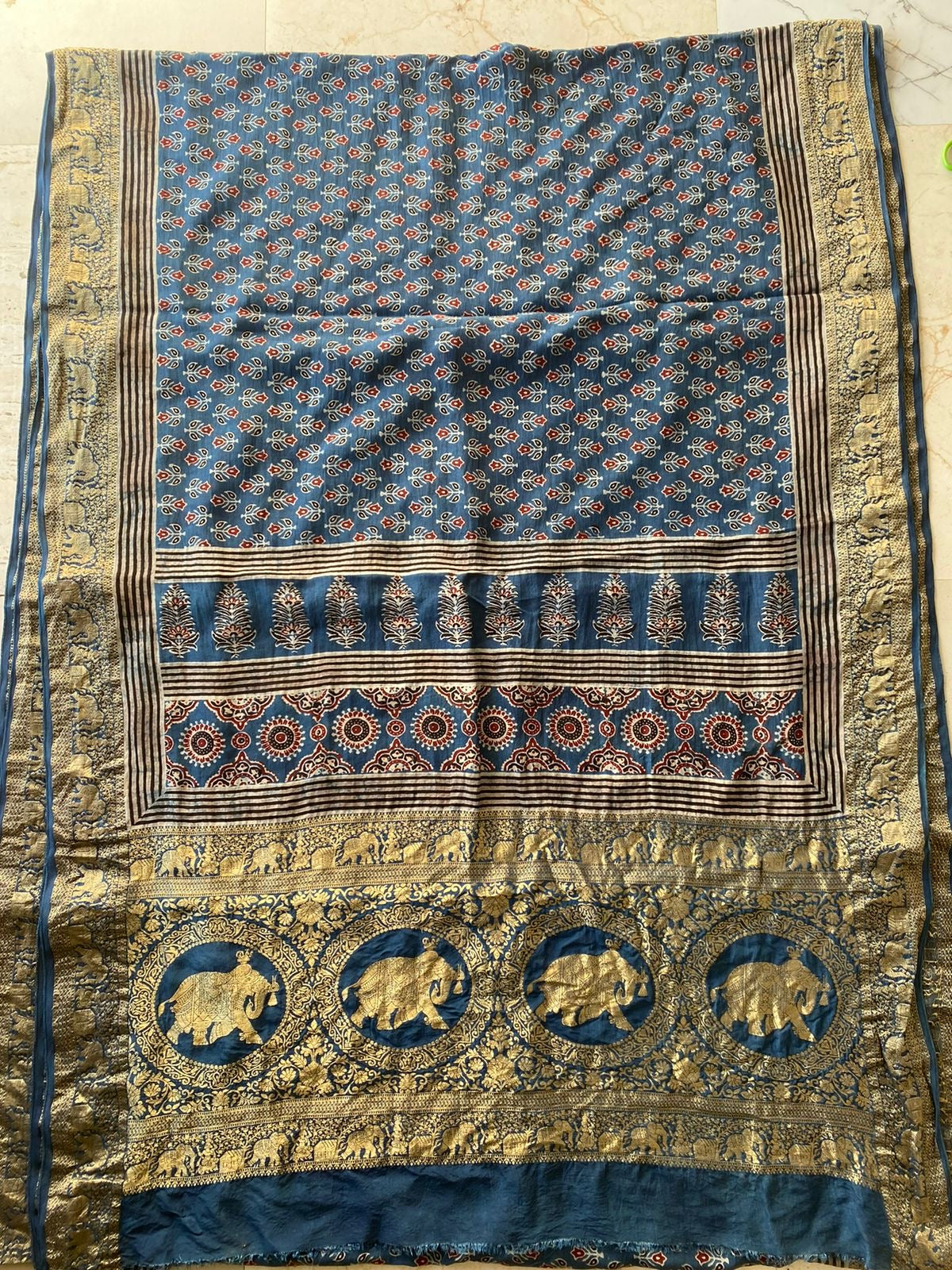 Ajrakh Dola Silk Saree-Natural dye (Made to order)