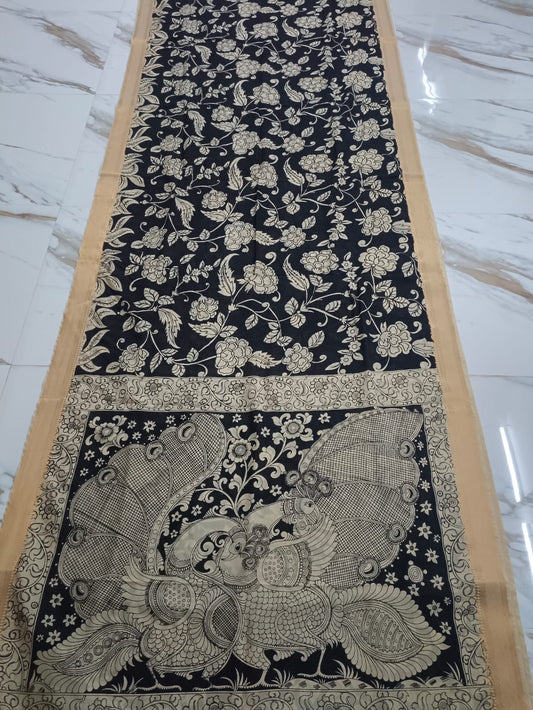 Pen Kalamkari saree on Bangalore silk black and cream with nizam border ( Made to Order)