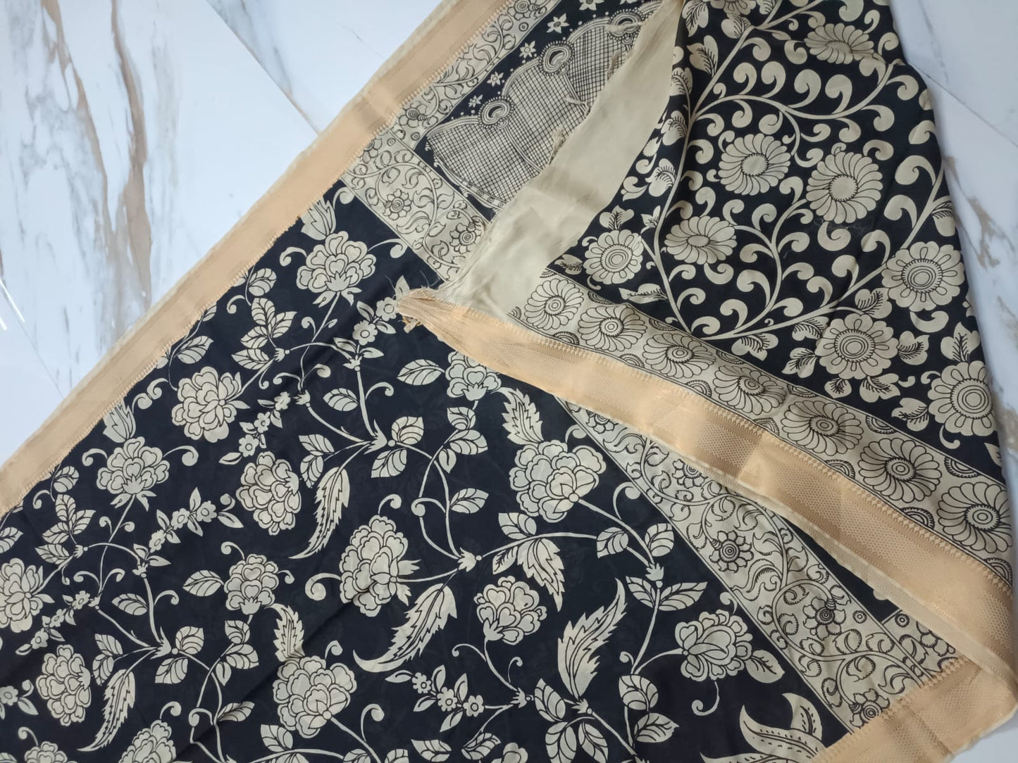 Pen Kalamkari saree on Bangalore silk black and cream with nizam border ( Made to Order)