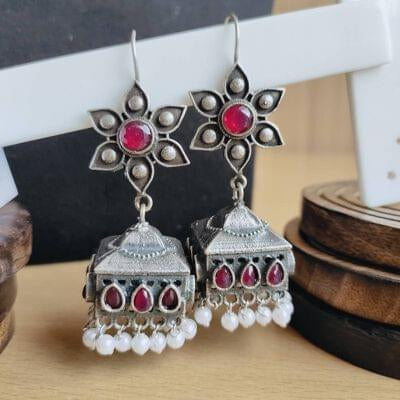 Long hoop earring with pearl Jhumka