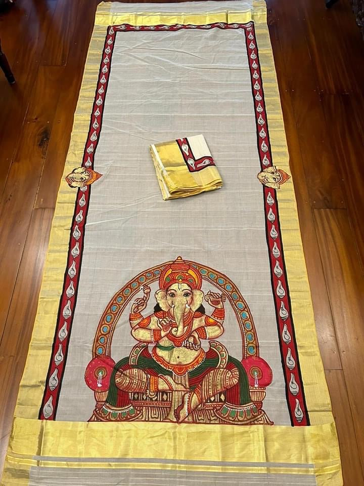 Kerala mural painting on big border Kerala Kasavu saree.(Made to Order)