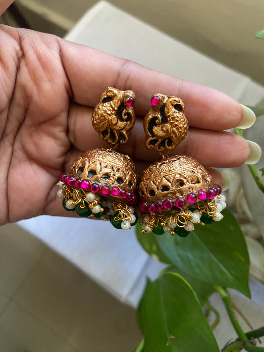 Handmade terracotta traditional Jhumka peacock with multi colour pearls