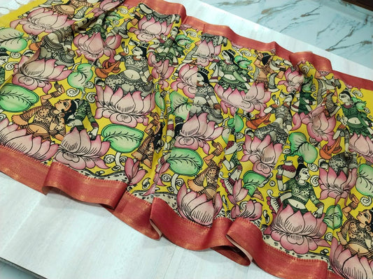 Pen Kalamkari dupatta multi colour on Banglore silk ( Made to Order)