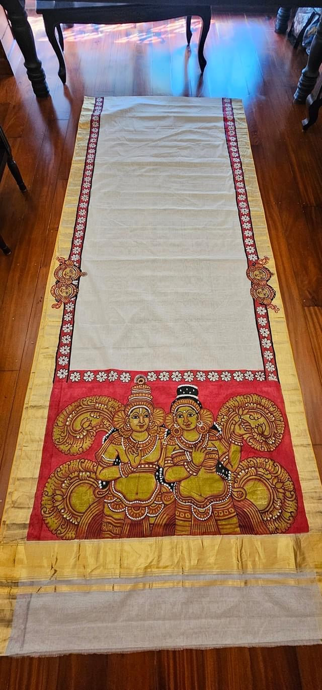 Kerala mural painting on big border Kerala premium Kasavu saree. (Made to order)