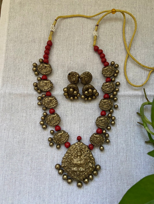 Handmade terracotta Lakshmi Ghungroo necklace and Jhumka set