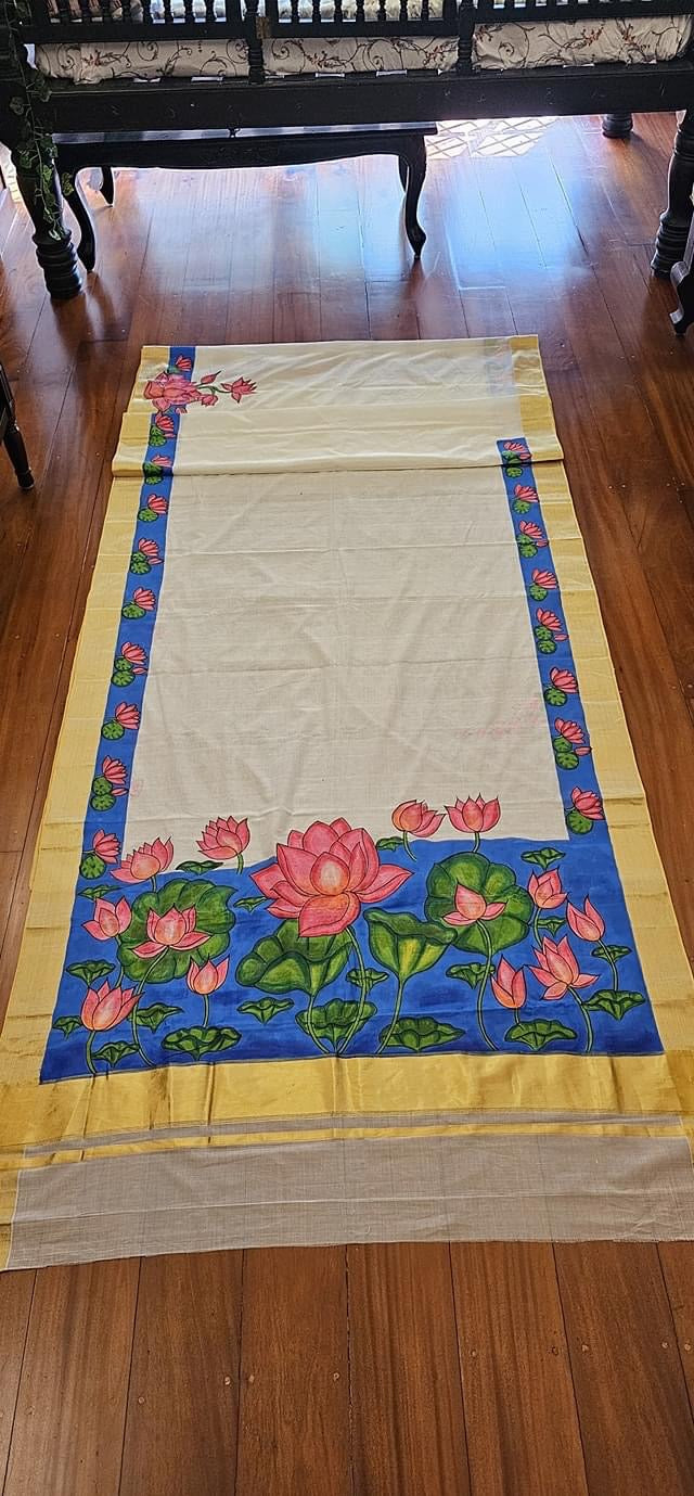 Kerala mural painting on big border Kerala Kasavu saree ( Made to Order)