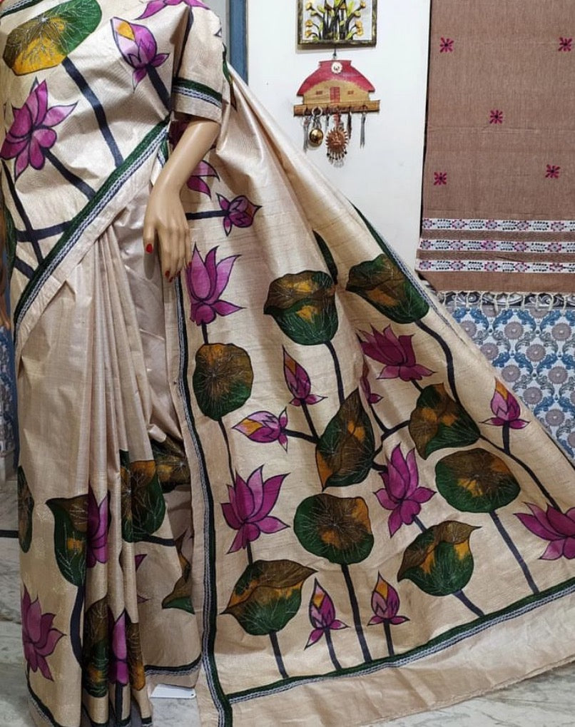 Kantha stitch hand embroidery on pure Tussar silk saree