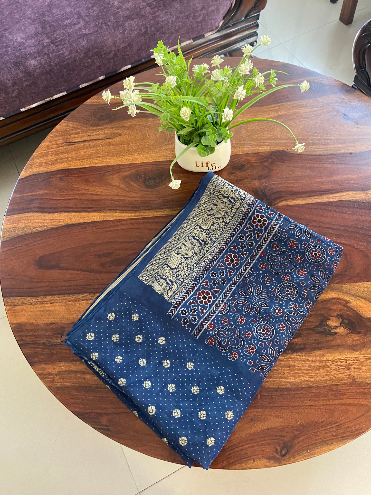 Handblock printed Ajrakh Dola silk saree natural dye