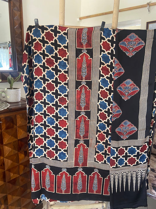 Ajrakh Handblock printed modal silk suit (Top and Dupatta)