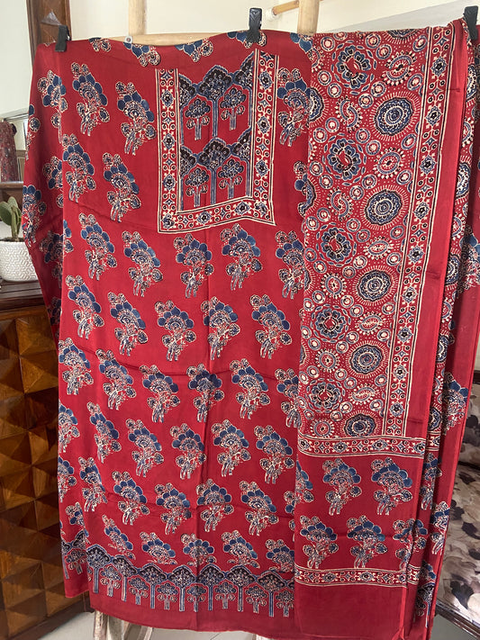 Ajrakh Handblock printed modal silk suit top and dupatta set.