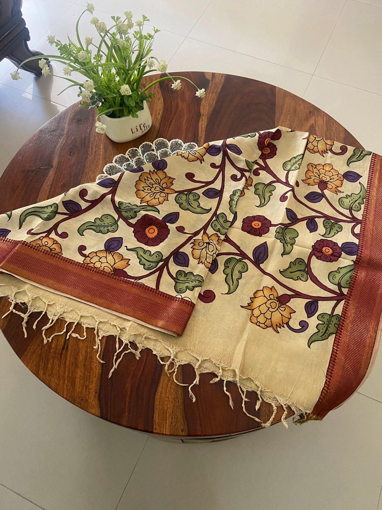 Pen Kalamkari multi colour dupatta on Bangalore silk (made to order)