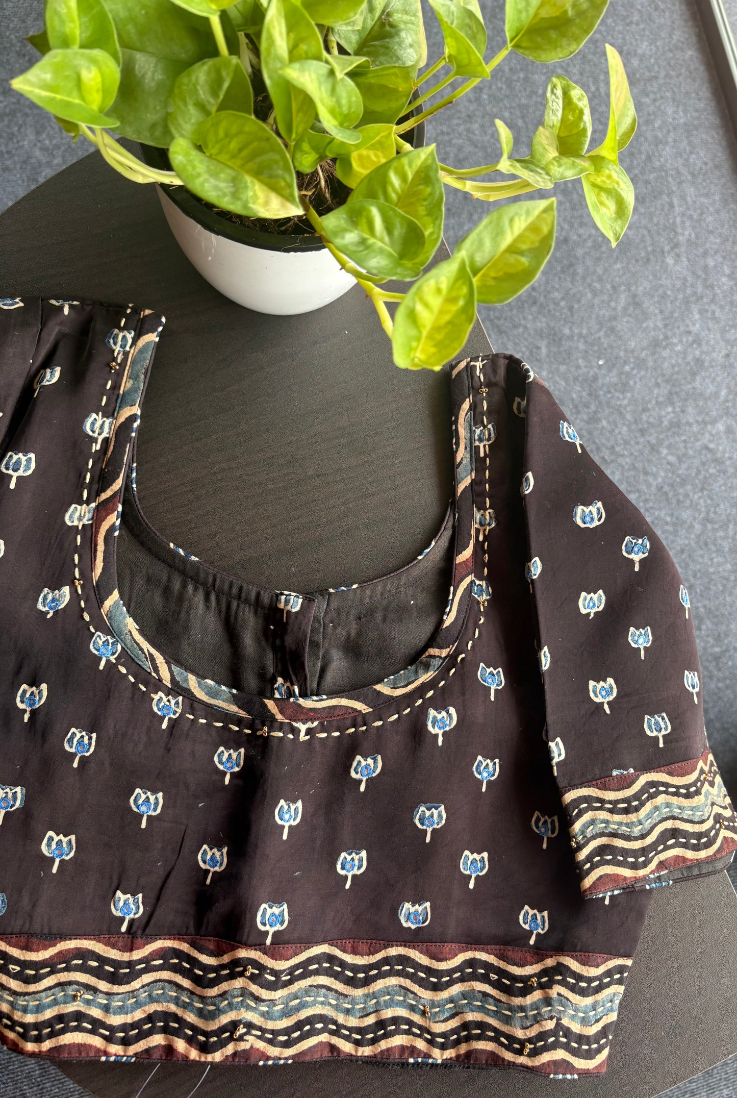 Ajrakh hand block print modal silk blouse