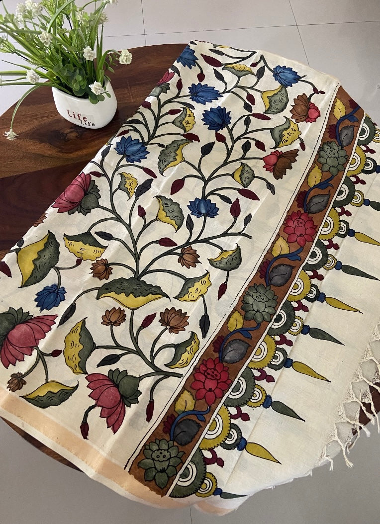 Pen Kalamkari Handpainted dupatta on Banglore silk.
