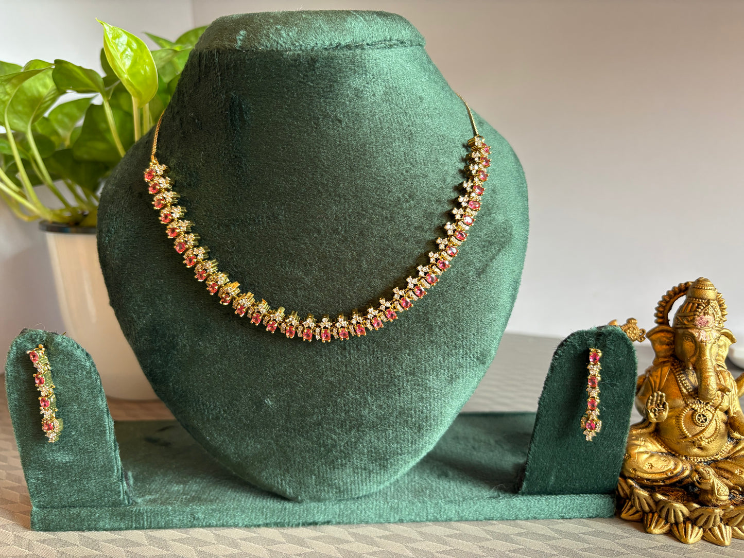 Ruby pink colour necklace set