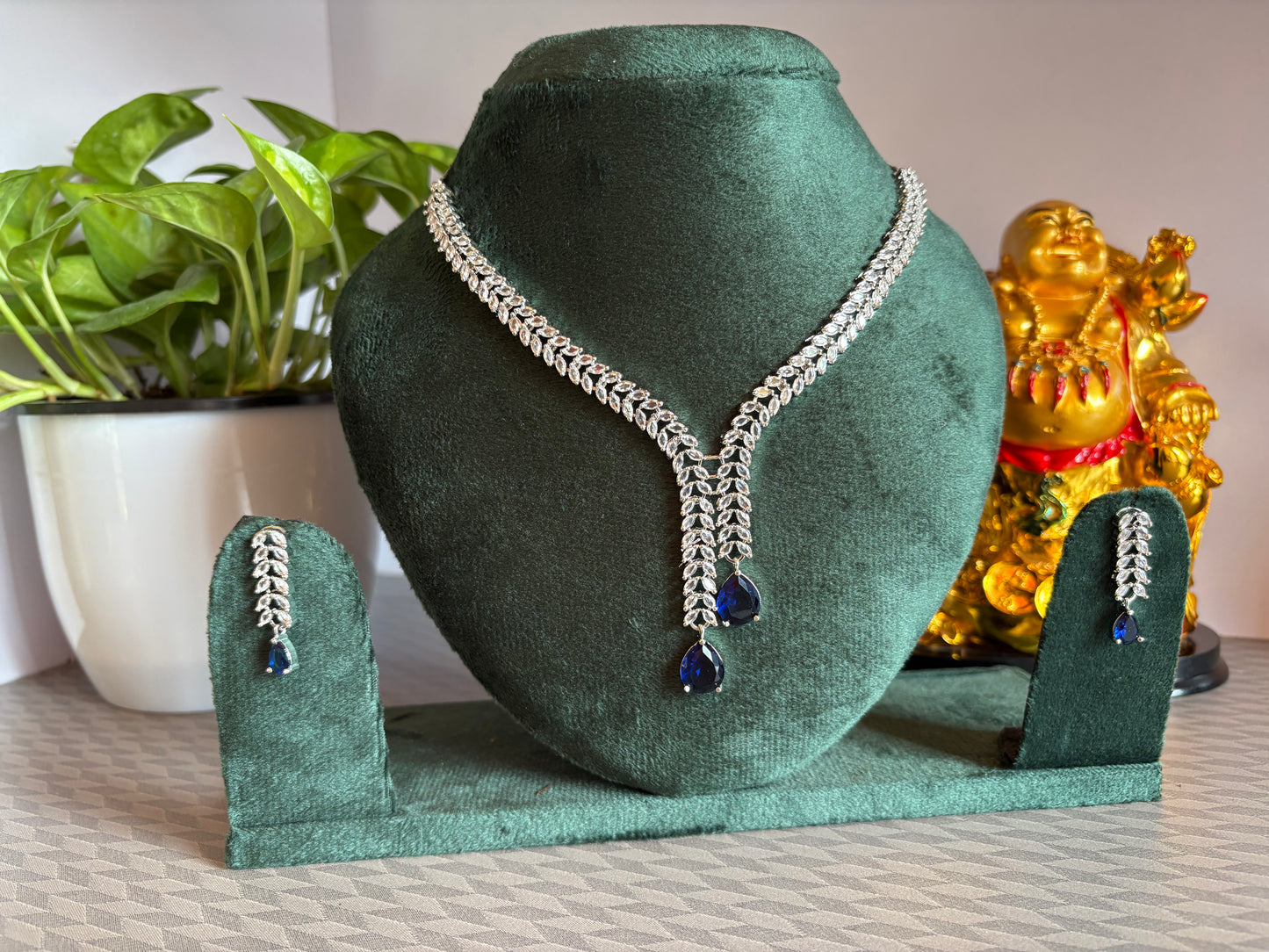 Deep blue Double layer AD stone necklace