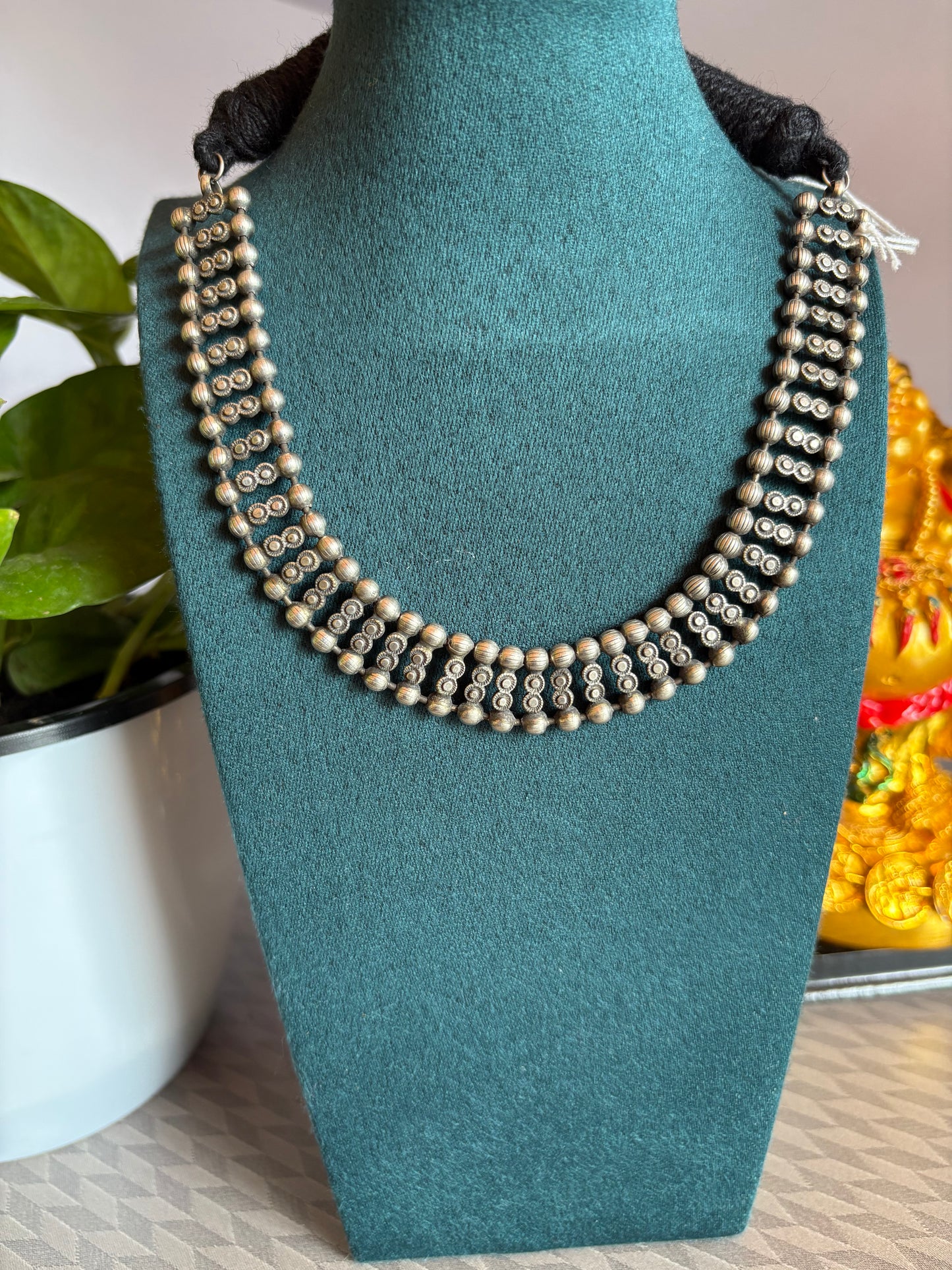 Oxidised Silver Beaded Choker Necklace with Black Thread Tie