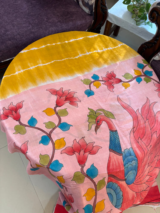 Bishnupuri pure 3 ply silk Shibori saree with Kalamkari print blouse and pallu