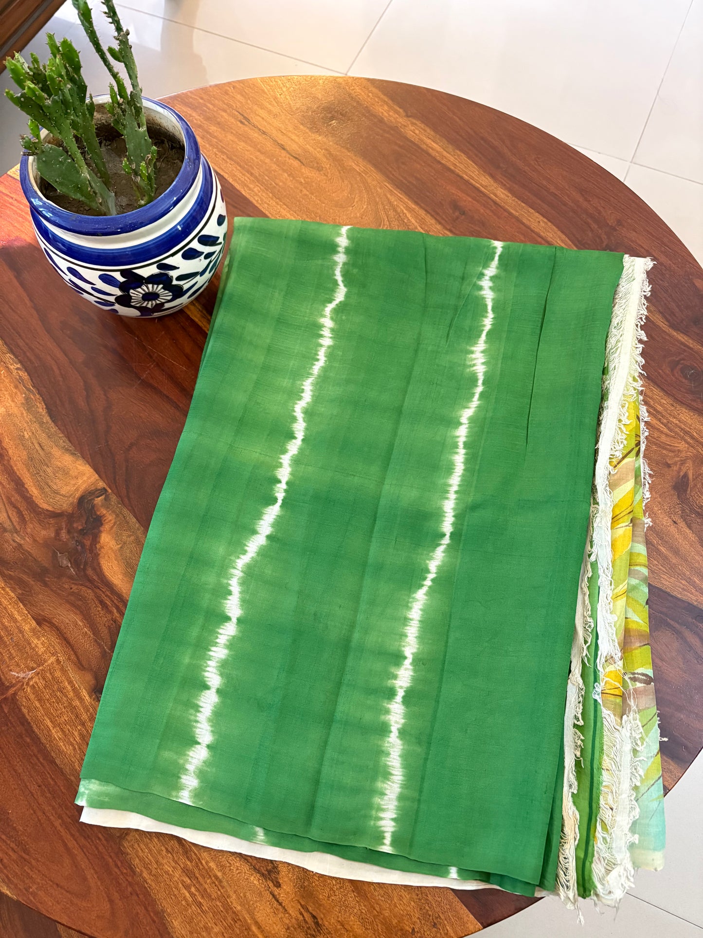 Bishnupuri pure 3ply silk Shibori saree with Kalamkari print blouse and pallu