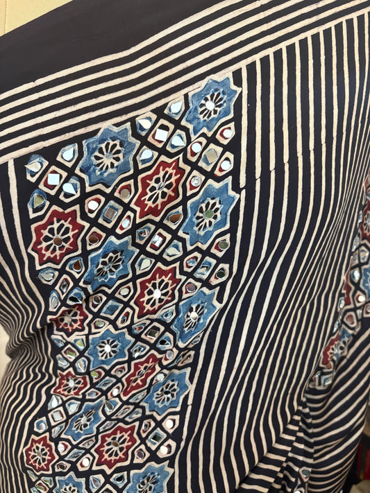 Ajrakh Modal silk saree with mirror work