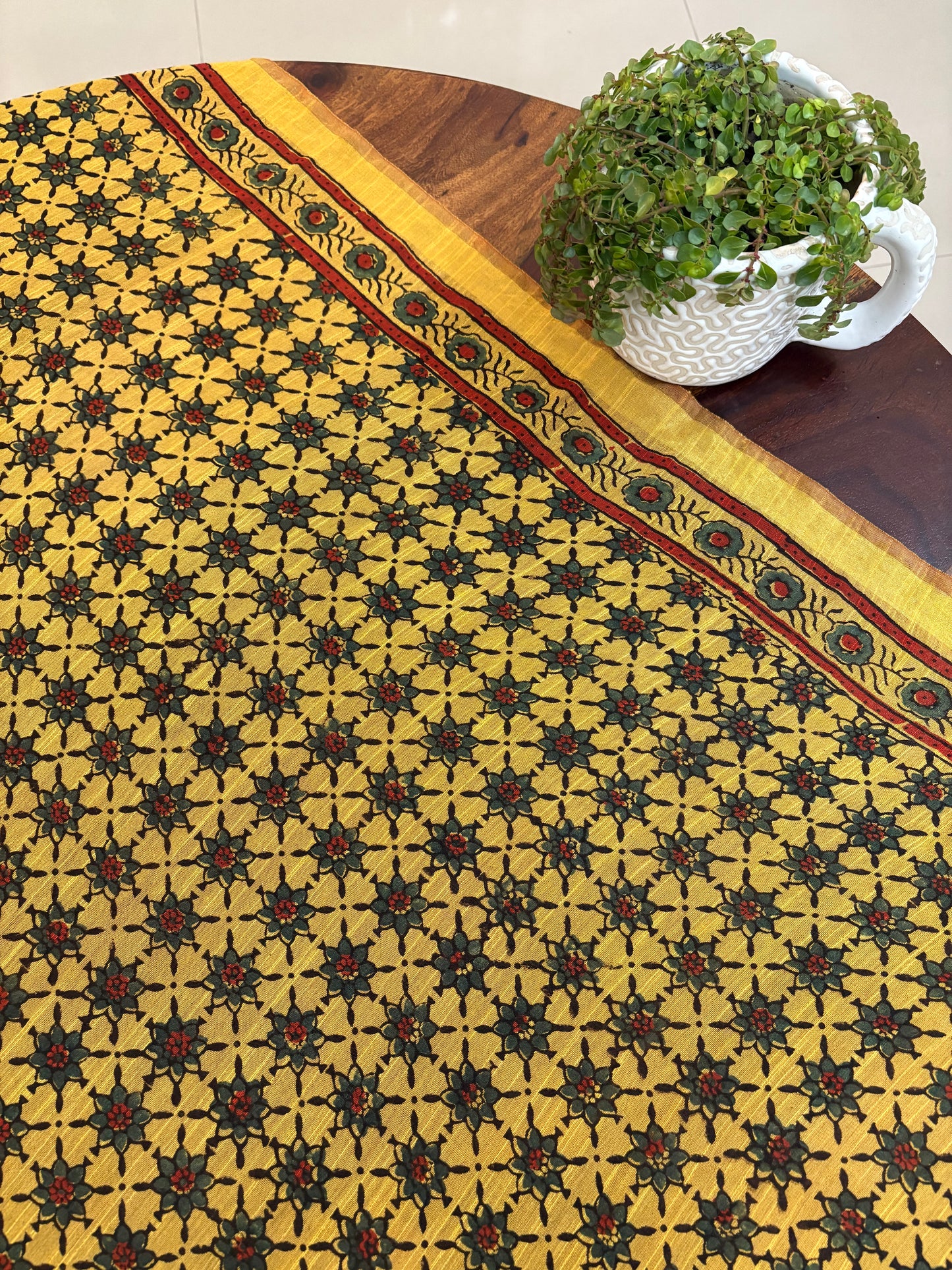 Ajrakh Chanderi silk saree with mirror work