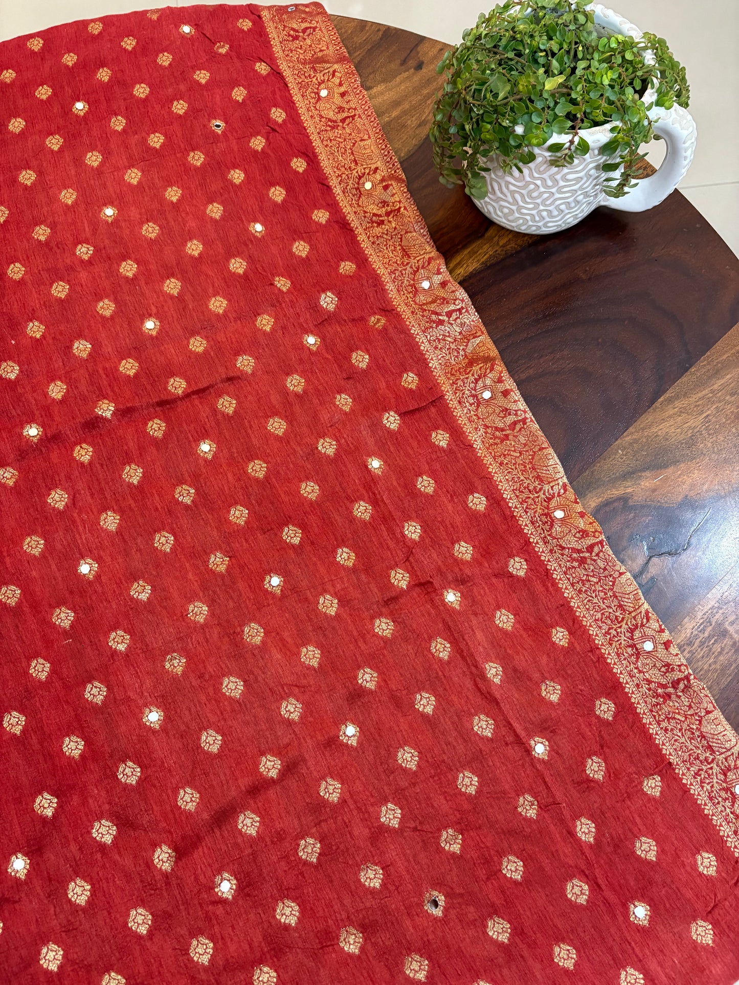 Ajrakh Dola Silk saree with mirror work