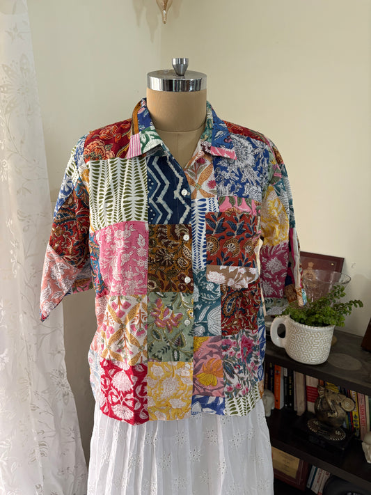 Handblock printed patchwork cotton shirt