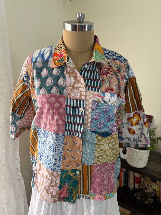 Handblock printed patchwork cotton shirt