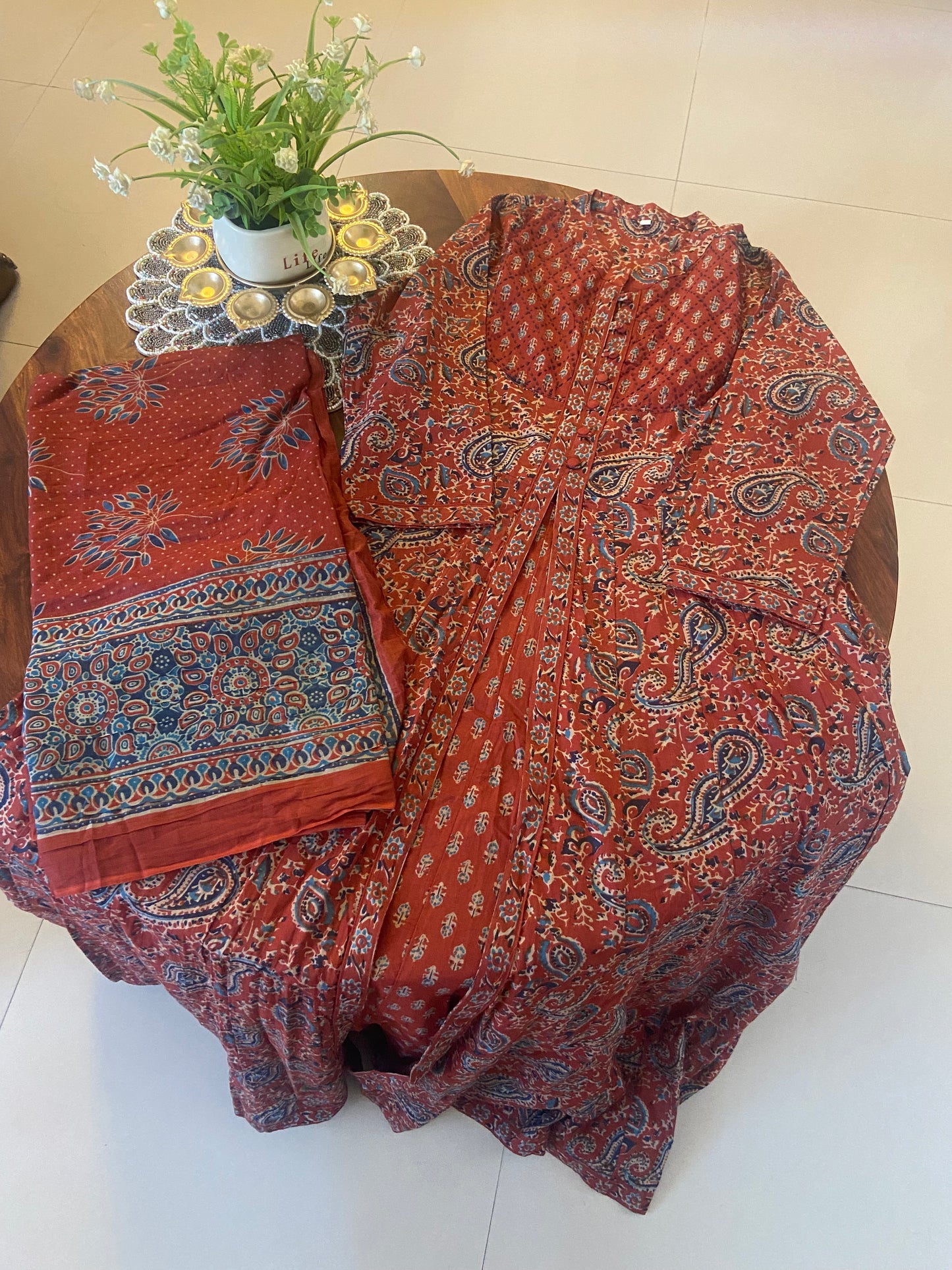 Handblock printed cotton Long Anarkali dress with dupatta