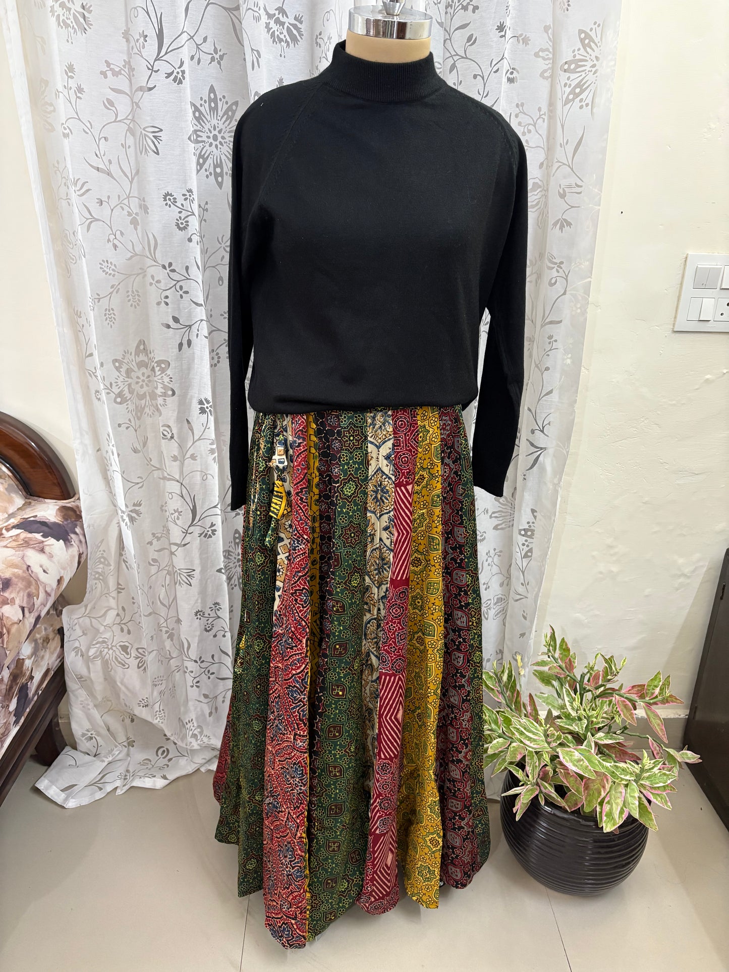 Ajrakh Handblock printed Kali panel cut Mashru silk skirt