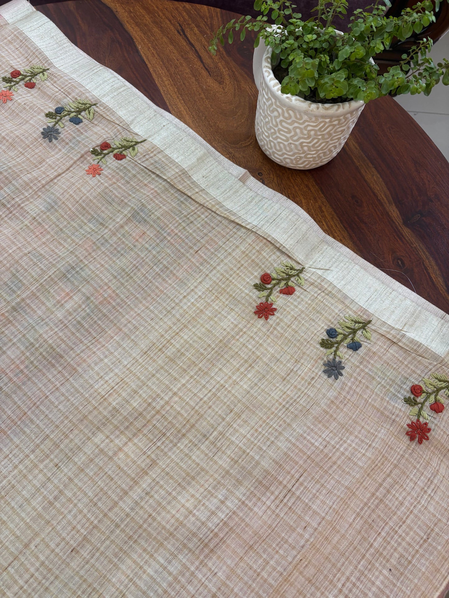Hand Embroidery on Kota tissue silk saree