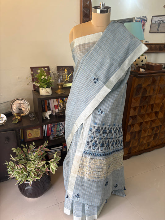 Hand embroidery on Kota tissue silk saree
