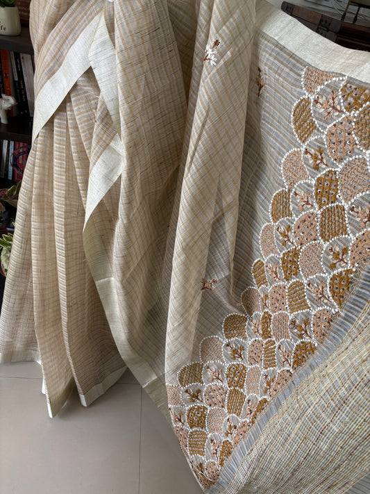 Hand Embroidery on Kota tissue silk saree