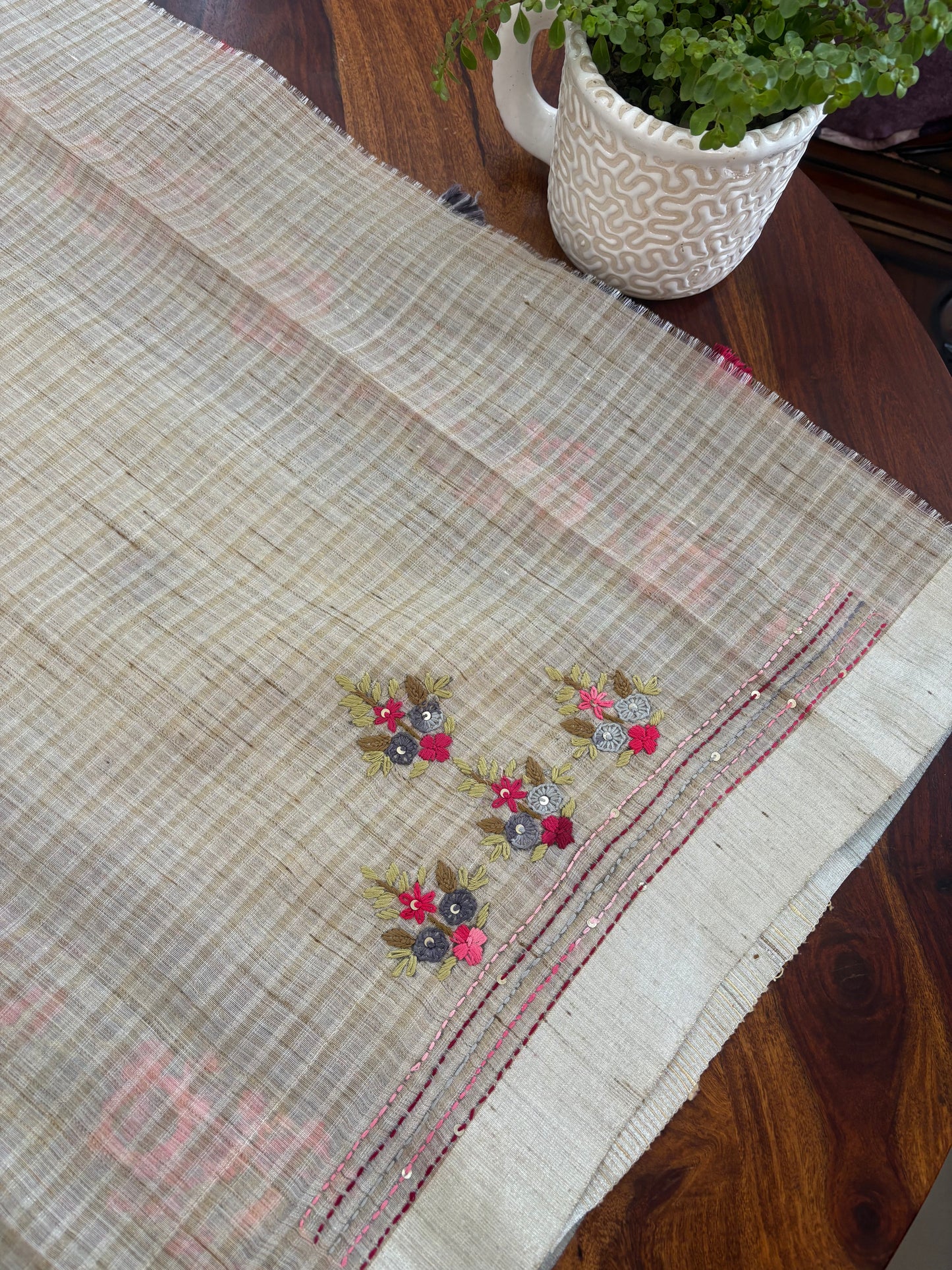 Hand embroidery ( Parsi work) on Kota tissue silk saree
