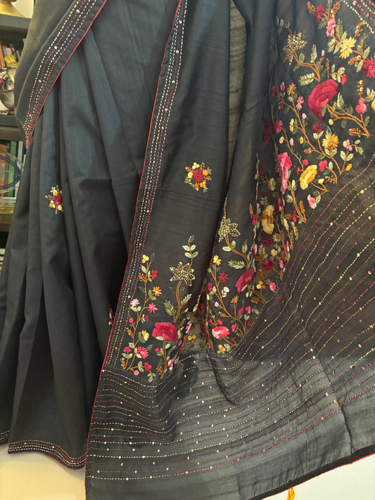 Hand embroidery on semi Raw Silk