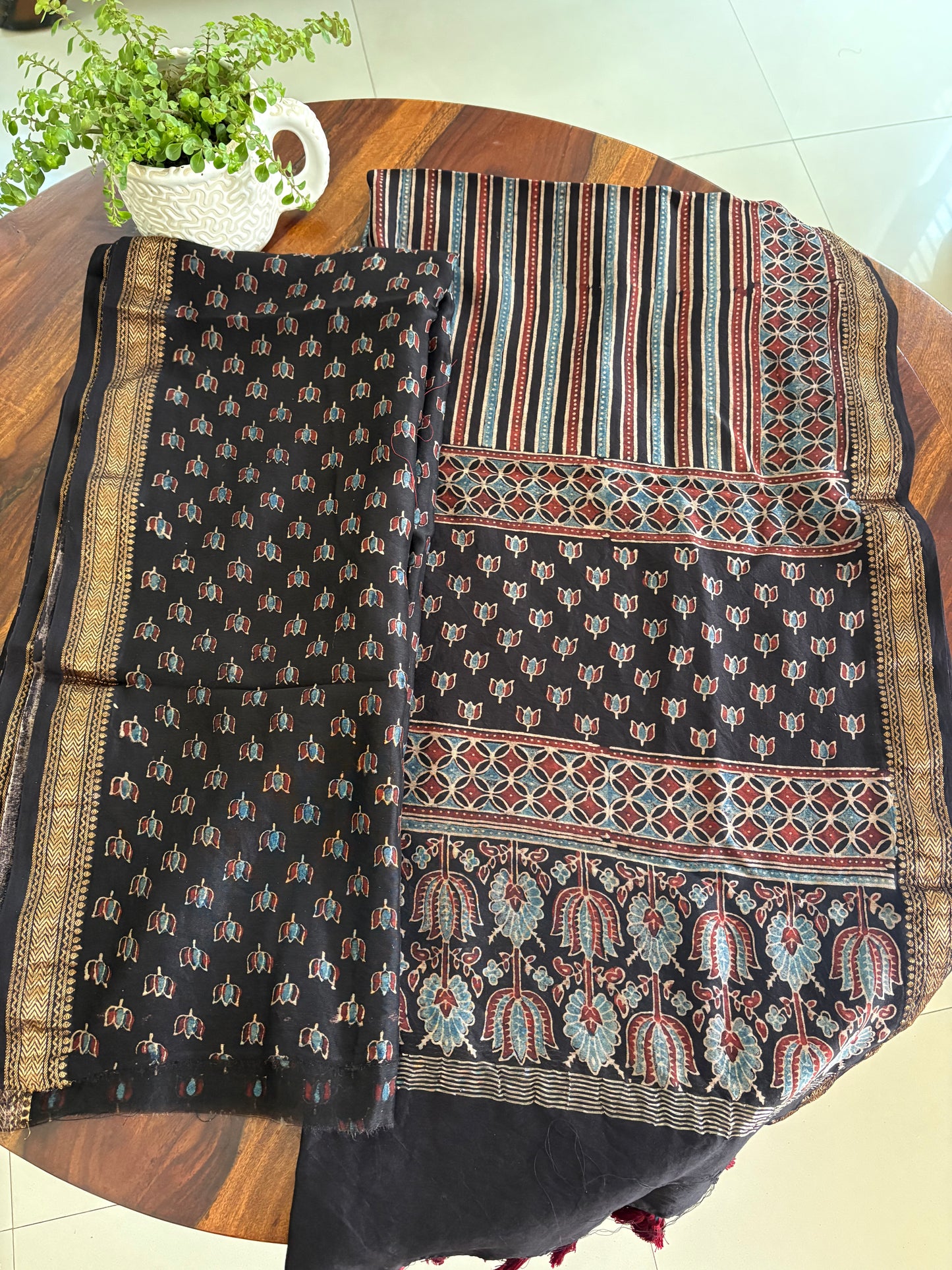 Ajrakh Handblock printed Maheshwari silk cotton top and dupatta set